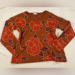 Shimmery Burnt Orange Rust and White Knit Sweater Magnolia Floral Lotus